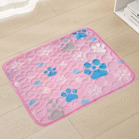 Tapis Rafraîchissant pour Chiens et Chats en Soie Glacée – Grand Tapis d'Été Antidérapant avec Motifs Pattes et Flocons, Accessoire de Refroidissement Confortable pour Animaux, Rose