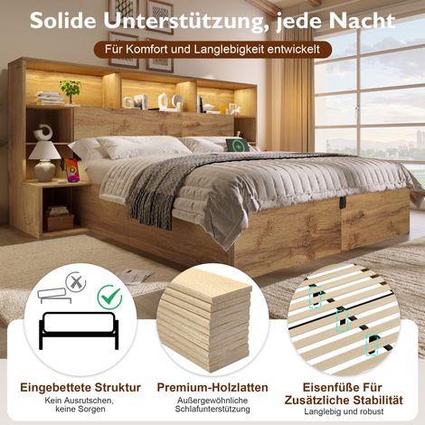 Lit coffre 160x200, finition chêne, sommier à lattes intégré, lit 2 places en bois avec chevets fixés, rangement sous lit à vérins, éclairage LED et port USB-C, sans matelas (1/5)