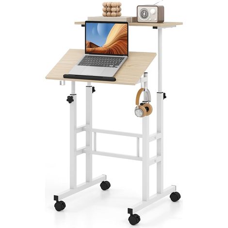 COSTWAY Bureau Debout Mobile, Chariot pour Ordinateur Portable à Hauteur Réglable avec Plateau Angle Ajustable, 2 Crochets Amovibles et roulettes Verrouillables pour Bureau (Blanc + Naturel) (1/5)