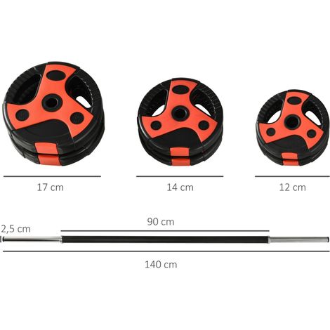 Jeu de barre 20 kg,incluant 6 plaques de poids,2 x 5 kg,2 x 2,5 kg,2 x 1,25 kg,barre antidérapante,noir+rouge (1/5)