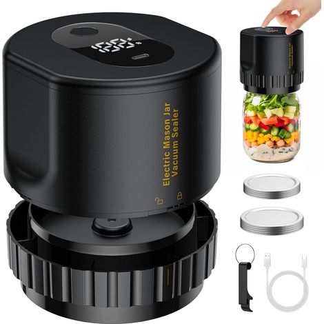 Machine à sceller sous vide électrique pour bocaux Mason — Compatible avec les bocaux à large et standard ouverture — 10 couvercles inclus — Batterie 2000 mAh — ABS — Noir (1/5)