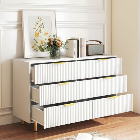 Kommode (120x40x72 cm), mit 6 Schubladen, goldenen Griffen und Metallbeinen, MDF, Weiß (1/5)