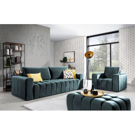 Ensemble 1 canapé convertible + 1 fauteuil + 1 pouf capitonné LARKO velours-Vert emeraude (1/2)