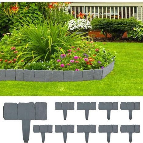 pair 10 PCS Bordures de Jardin 2.5m Bordure de Pelouse Bordure de Gazon Jardin Clôture Bordure Clôture Effet Pierre Gris Bords de Pelouse en Plastique (1/5)