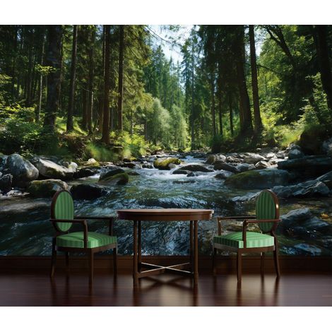 Fototapete Wald Fluss Landschaft, für Wohnzimmer und Schlafzimmer, 150 x 105 cm – Komplettset inkl. Kleister & Anleitung (1/5)