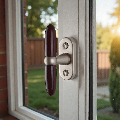 Ouvre&Déco – Poignée de fenêtre crémone Aluminium nickel mat et bois foncé – Forme cylindro-conique – Système de fixation visible – Conception ergonomique (1/5)