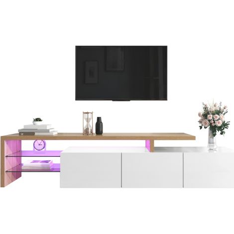Meuble TV moderne blanc laqué bois verre avec LED et rangements