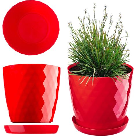 KADAX Blumentopf mit Untersetzer, Topf für Blumen, Rund, 20 cm, Rot