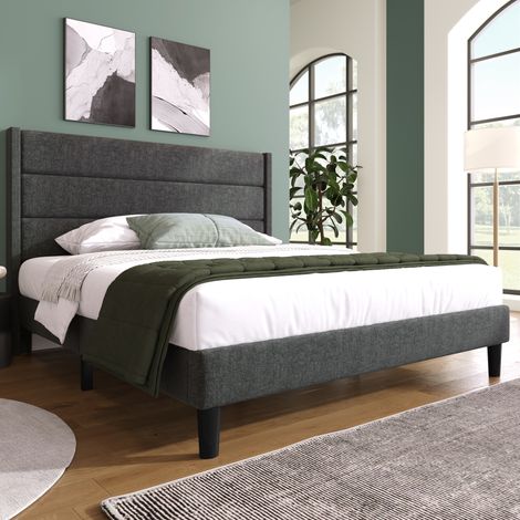 Lit adulte 140x200 avec tête de lit en lin gris OKMYHOME (1/5)