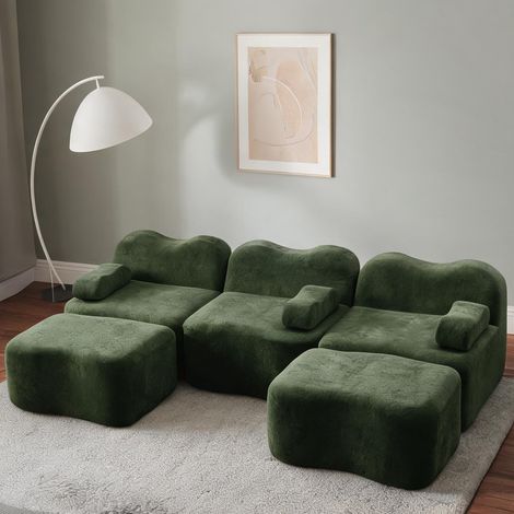 Canapé modulaire 3 places en velours vert avec 2 poufs (1/5)