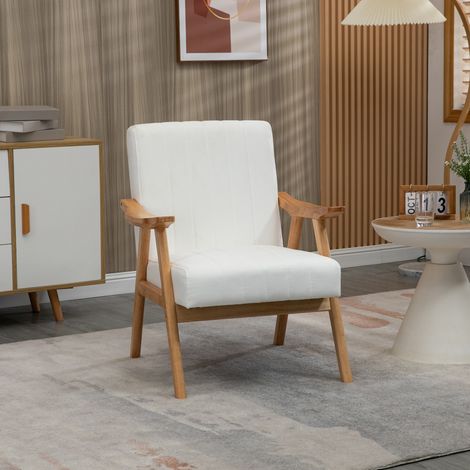 Fauteuil rembourré blanc, 4 pieds en bois, fauteuil de relax salon chambre, velours (1/5)