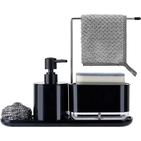 Dispenser per liquidi 5 in 1, set di sapone da cucina, organizer per piatti nero per lavello (1/4)