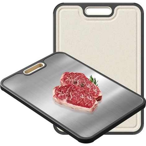Planche à découper double face, en acier inoxydable de qualité alimentaire avec poignée, adaptée à la viande, aux fruits et légumes de cuisine, antidérapante et facile à nettoyer, 1 pièce (1/5)