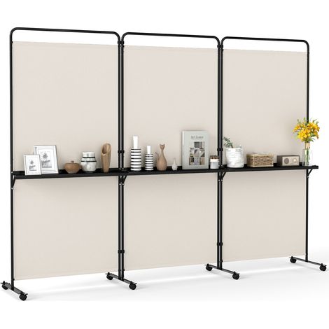Paravent blanc pliable 3 panneaux avec 3 étagères, roulettes freinées et tissu occultant pour salon, chambre et bureau (1/5)