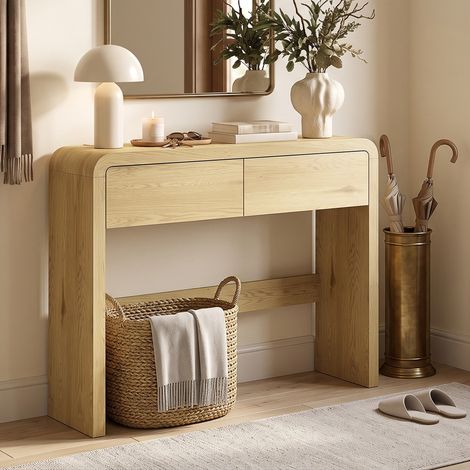 Table Console avec 2 Tiroirs, Console Meuble, 100 x 30 x 85 cm, Coins Arrondis et Plateau Épais, Bois Naturel (1/5)