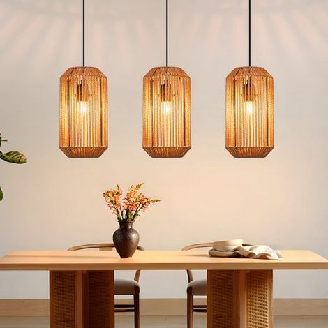 GBLY Pendelleuchte Boho Rattan Hängelampe E27 Höhenverstellbar Retro Esstischlampe Für Schlafzimmer Wohnzimmer Ohne Leuchtmittel