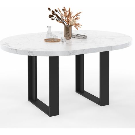 Idmarket – Table à manger extensible ronde 4-6 personnes – Plateau effet marbre blanc – Longueur 110-150 cm – Pieds en bois noir