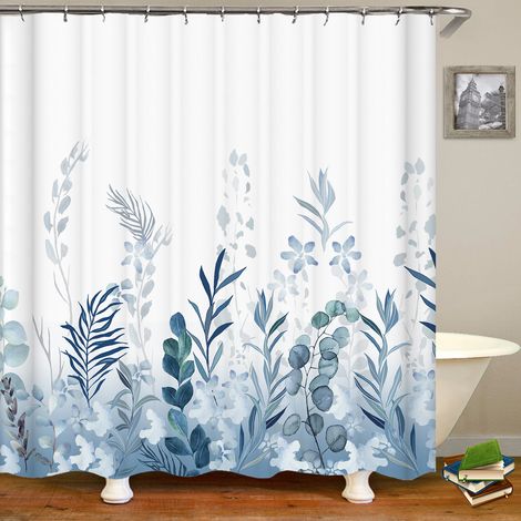 JSSEVN - 180 x 200 cm Blue Polyester Fabric Shower Curtain, Rainforest, Meadow, Green Plants, Watercolor Effect, Mildew Resistant, Waterproof, Weighted Hem (1/5)