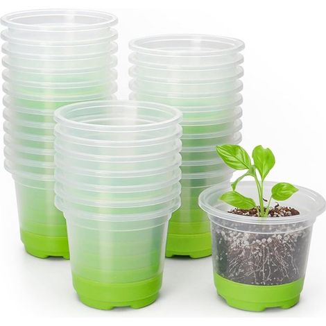 Kit de Pots de Fleurs - 30 Pièces 4 Pouces Transparent - Vert - Base en Silicone pour un Rempotage Facile - Convient pour le Semis et L'enracinement (1/5)