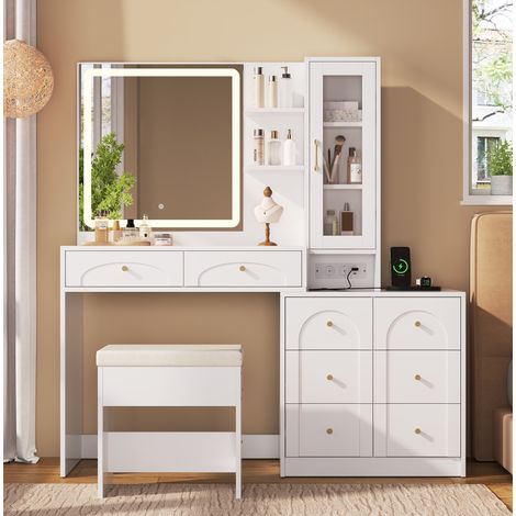 Tocador de MDF y tablero de partículas blanco con espejo LED, 8 cajones, vitrina de vidrio y taburete (1/5)