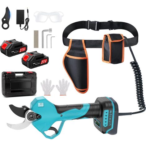 Secateur Electrique Sans Fil, Avec Sac Banane et Câble d'extension, Ouverture Max de la Lame 50mm, Sk7, 21 V 2  2000 mAh Batterie, Sécateur Avec Moteur Sans Balais Pour Jardinage, Arbres Fruitiers (1/5)