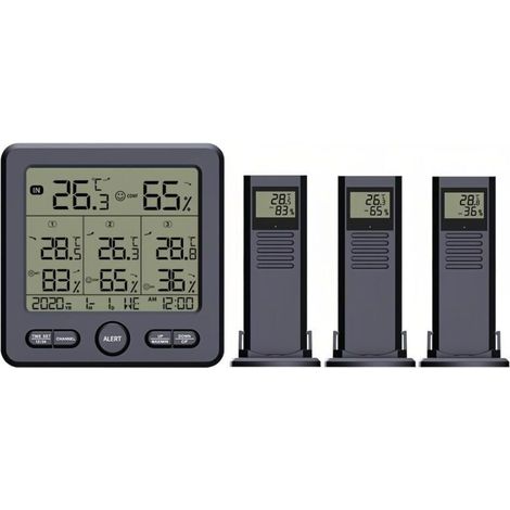 Thermomètre numérique hygromètre avec 3 capteurs sans fil LCD Rétro-éclairage Température Humidité Station Météo Heure Date Semaine Alarme Over-Limit pour Intérieur Extérieur (1/4)