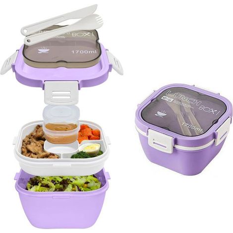 1 saladier 1,7 L, violet, étanche avec 4 compartiments + pot à épices, récipient repas sur-mesure pour bureau, école et pique-nique