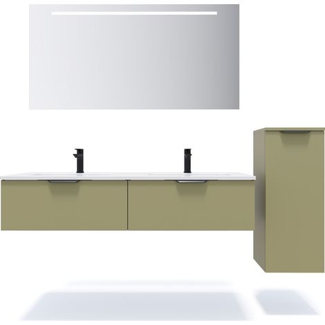Meuble de salle de bain suspendu double vasque intégrée 140cm 2 tiroirs Vert olive + miroir + colonne ouverture droite - Soho (1/5)