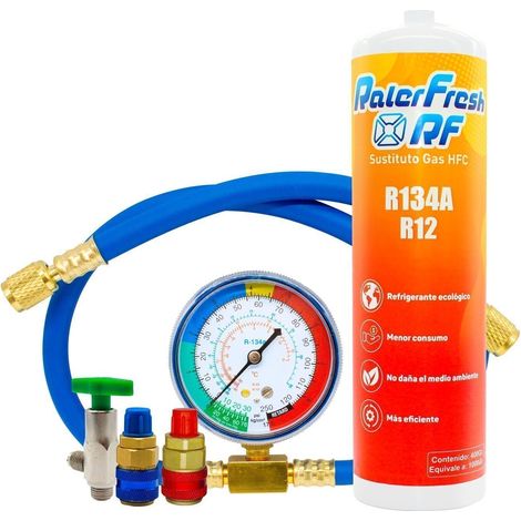 Gas Refrigerante Ralerfresh RF para aire acondicionado, sustituto del gas R12 y R134A mas manometro con manguera y conectores