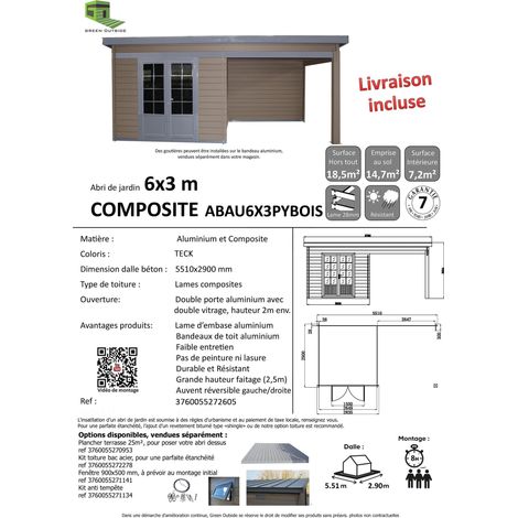 Green Outside – Abri de jardin composite 18,5m² coloris teck – Pool house avec toit plat – Résistant aux intempéries et imputrescible – Double porte avec vitrage (1/2)
