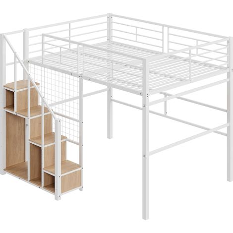 Cama Alta 140 x 200 Cm Con Almacenamiento, Escalera Y Rejilla, Sin Colchón, De Metal, Blanco (1/5)