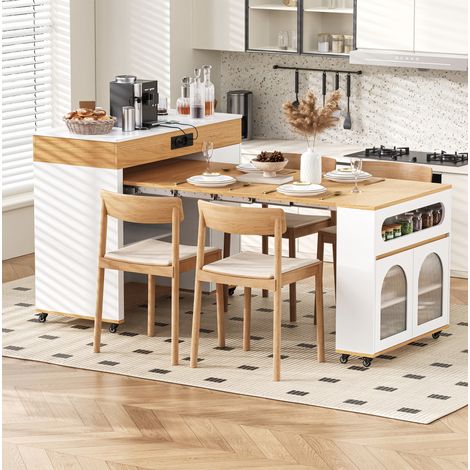 Isola da cucina 110,5x50,5x95,5 cm in MDF bianco e naturale, allungabile, FloraGrace (1/5)
