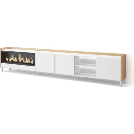 Mueble TV Carratraca-02 de 315x61x35 cm con chimenea y luces LED, diseño industrial, color blanco y roble soft (1/4)