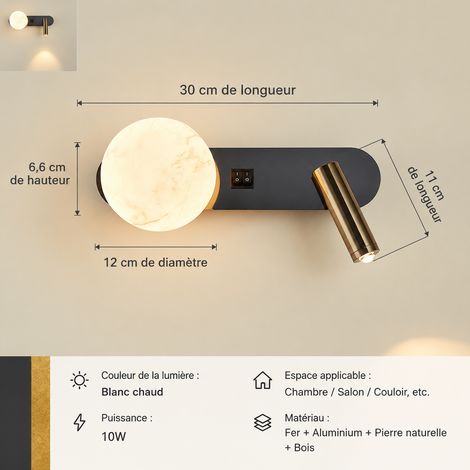Applique Murale LED noir sablé lumière chaude Spot Tête de Lit Rotative 30 × 6,6 × 4 cm 300 g – Livraison gratuite