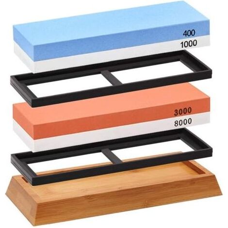 Ensemble de Pierres à Aiguiser pour Couteaux, Kit d'Affûtage Premium avec Base en Bambou Antidérapante (1/4)
