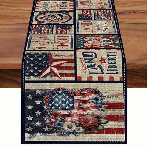 Nappe en lin 33 x 183 cm, style vintage, chemin de table antidérapant, idéale pour la fête nationale américaine ou comme set de table. (1/5)