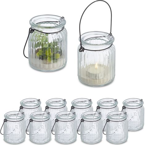 Relaxdays Candle Lanterns, Set of 12, Glass, with Handle, Indoors & Outdoors, Tealight Holders, 9.5 x 8 cm, Clear/Black