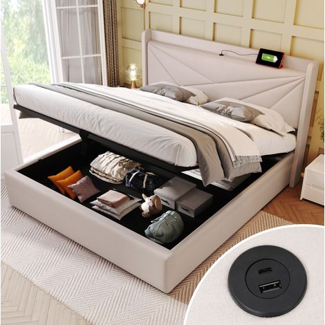 Cama doble con almacenamiento USB y Tipo C beige OKMYHOME (1/5)