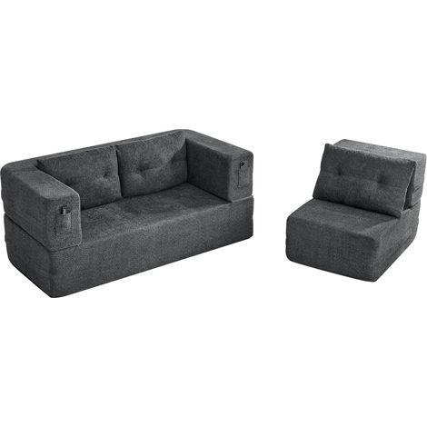 ELVMI Divano letto 2 posti con poltrona modulare e tasche laterali, in tessuto, Grigio scuro 199 x 194 x 39 cm (1/4)