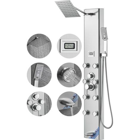Panneau de Douche avec Écran Digital, 6 Modes, Pluie, 8 Jets Massants, Mitigeur, Douchette 3 Positions, Flexible 150 cm, Acier Inoxydable, Fixation Murale (1/5)