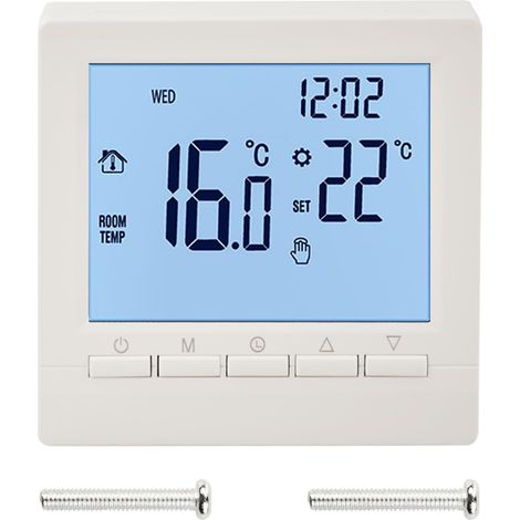 Thermostat programmable hebdomadaire, écran LCD numérique (0-95 °C), capteur NTC, thermostat pour cheminée à gaz, régulateur de température intelligent basse tension 5 A avec verrouillage enfant. (1/5)