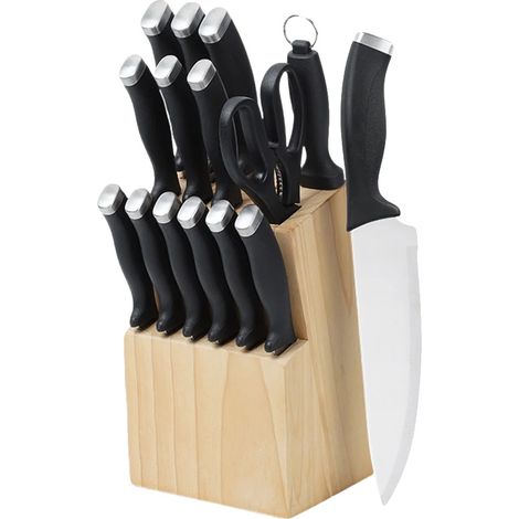 Juego de cuchillos de cocina, hojas de acero inoxidable, mangos ergonómicos, color madera natural. (1/2)