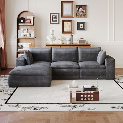 Kompaktes 3-Sitzer-Ecksofa, 260 cm, aus dunkelgrauem Cord, doppellagiges Design, abnehmbares Sitzkissen, keine Montage erforderlich, Hocker inklusive