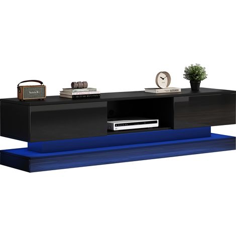 1603540,5 cm. Meuble de télévision en acier noir avec éclairage LED. Il comporte 2 tiroirs. Mode de fonctionnement automatique. Design anti-déversement. (1/5)