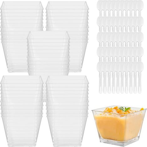 50 Gobelet à Dessert,Transparent,Cuillère Incluse,160ml,Réutilisable,Plastique,Fête,Mariage,Pique-nique
