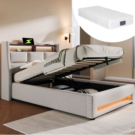 Cama juvenil tapizada 90x200 con USB LED y colchón OKMYHOME (1/5)