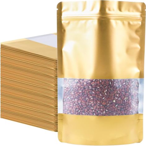 Lot de 100 sachets en Mylar doré anti-odeurs avec fenêtre mate - Sachets refermables en aluminium pour la conservation des aliments, épices, collations - 12 x 20 cm (1/5)