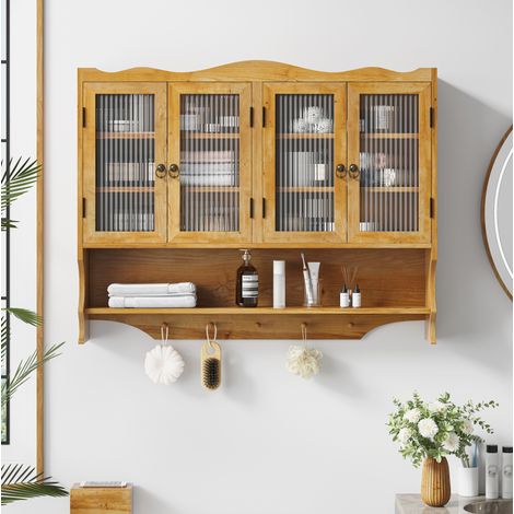 REDOM Wandschrank 100x20x80 cm, 4 Türen, offene Hakenleiste, herausnehmbare Einlegeböden, Massivholz und Glas, Natur (1/5)