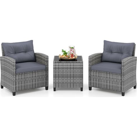 Salon de Jardin en Rotin - 3 Pièces - Charge 180KG - 2 Fauteuils et Table Basse avec Plateau en Verre Trempé – Gris A (1/5)
