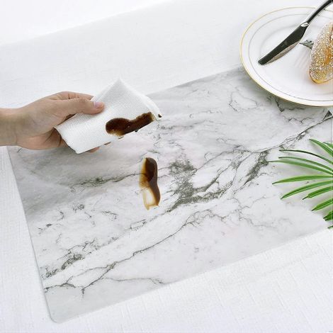 Sets de table en marbre lavables, lot de 6, fins et écologiques, faciles à nettoyer, pour la cuisine, les dîners et les fêtes (marbre blanc). (1/4)